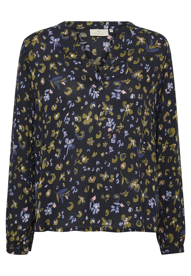 Blusa a maniche lunghe in tessuto leggero, con fondo blu navy e motivi floreali verdi e pastello, dotata di scollatura a V poco profonda.