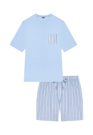 Jasnoniebieska koszula z krótkim rękawem z wzorzystą kieszenią na piersi oraz pasujące szorty na sznurku w niebiesko-białe paski.