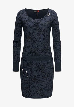 Navyblaues langärmeliges Kleid mit schwarzem Blumenmuster, rundem Ausschnitt, Taillengürtel mit Perlen und zwei kleinen dekorativen Anstecknadeln auf der linken Schulter.