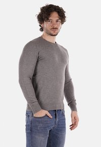 Maglione grigio a maniche lunghe, design aderente con polsini e orlo a coste, realizzato in un tessuto morbido, indossato con jeans di denim blu.