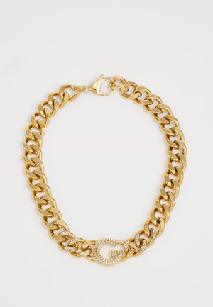 Gouden kettinghalsband met grote schakels, een gepolijste afwerking en een centrale sluiting met een met rhinestone bezaaid "G" detail.