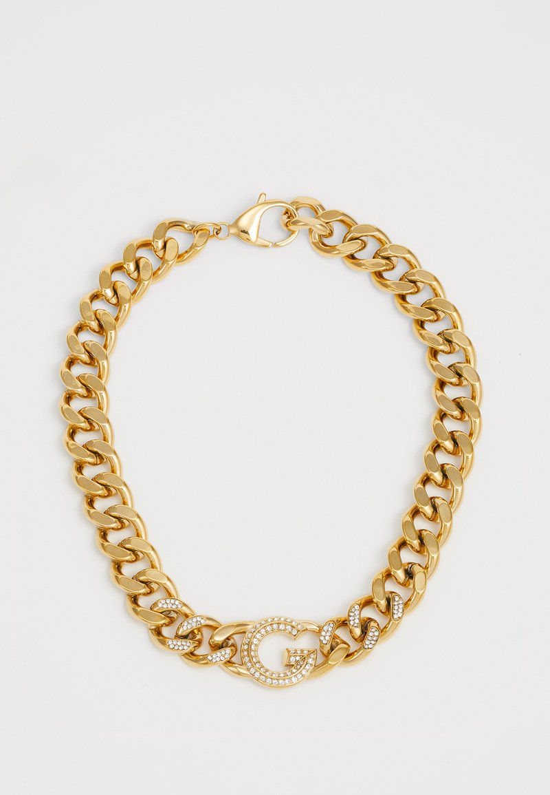 Gouden kettinghalsband met grote schakels, een gepolijste afwerking en een centrale sluiting met een met rhinestone bezaaid "G" detail.