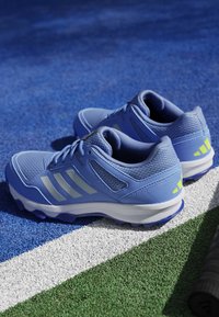 Modré športové topánky s vrchnou časťou z kombinácie sieťoviny a syntetických materiálov, reflexné akcenty a textúrované podrážky, umiestnené na živoboom povrchu vonku.
