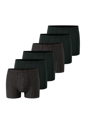 Six men's boxer briefs in black, with three solid black pairs and three black pairs with thin vertical white and red stripes.