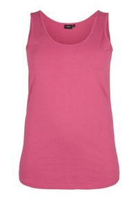 Roosa puuvillane tank top ümmarguse kaelusega ja sirge äärisega, ilma mustrite või kaunistusteta. Pehme tekstuur ja juhuslik disain.