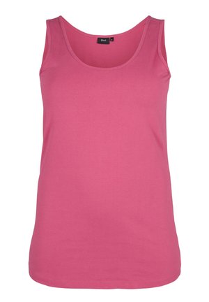 Pink cotton tank top with a scoop neckline and straight hem, featuring no patterns or embellishments. Soft texture and casual design.