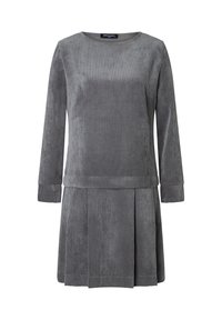 Graues Cordkleid mit langen Ärmeln, rundem Ausschnitt und einem gefältelten Rock. Verfügt über eine vertikale Rippstruktur und ein tailliertes Oberteil.