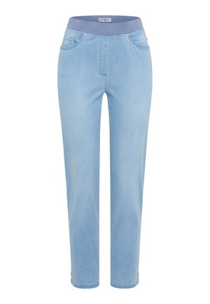 Hellblaue Jeanshose mit breitem elastischem Bund und Vorderentaschen, gerade geschnittene Beinform und kleinen seitlichen Schlitzen am Saum.