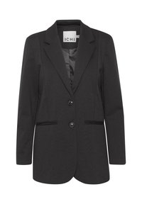Blazer negro a medida con dos botones, solapas en pico, mangas largas y dos bolsillos frontales horizontales, etiquetado ICHI.