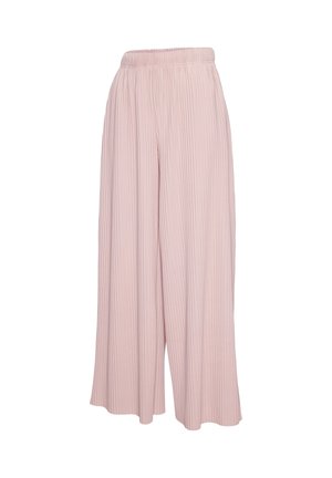 Wide-leg pleated pale pink trousers with elastic waistband, shown front view on a white background.