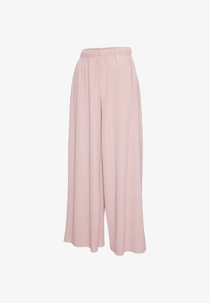 Wide-leg pleated pale pink trousers with elastic waistband, shown front view on a white background.