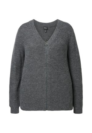 Dunkelgraue Strickjacke mit langen Ärmeln, V-Ausschnitt und vorne zipbarer Reißverschluss mit rundem Zugband.