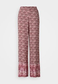 Pantaloni a gamba larga, decorati con motivi floreali in tonalità di bordeaux e rosa, con una bordatura decorativa all'orlo. Tessuto morbido.