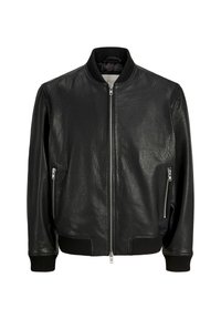 Blouson bomber en cuir noir avec col, poignets et ourlet côtelés, fermeture éclair frontale et deux poches latérales zippées.