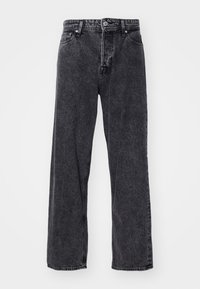 Black denim jeans with a relaxed fit, featuring a button closure and five pockets. The fabric has a subtle texture and a slightly faded finish.