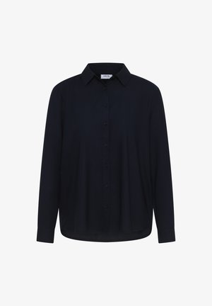 Navy long-sleeve button-up shirt featuring a collar, button-down front, and a rounded hem, made from smooth fabric with a relaxed fit.