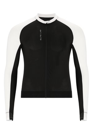 Black and white long-sleeve athletic jacket with a zip front, crafted from a mesh material, featuring a snug fit and contrasting sleeve design.