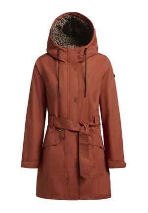 Rostfärgad kappa med åtdragen midja, som har en huva fodrad med leopardmönster, sidofickor och framknäppningar.