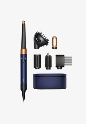Hairstylingset met een taps toelopende zwart-gouden cilinder, meerdere accessoires en een marineblauwe opbergcase. Inclusief verschillende borstel- en mondstukontwerpen.