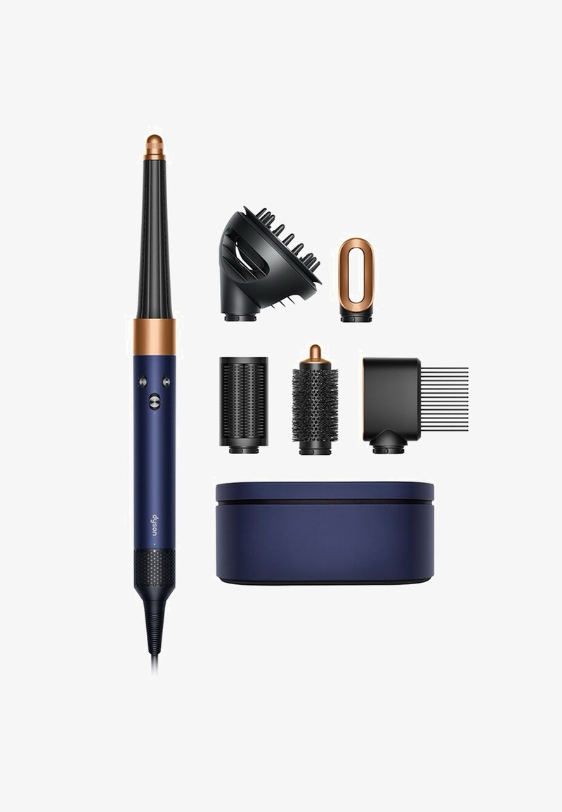 Hairstylingset met een taps toelopende zwart-gouden cilinder, meerdere accessoires en een marineblauwe opbergcase. Inclusief verschillende borstel- en mondstukontwerpen.