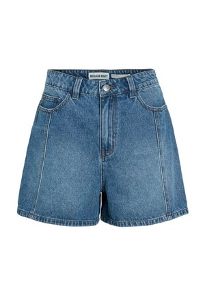 Blå højtaljede denimshorts med knaplukning foran, lynlås, bæltestropper og forlommer, mærket "ROUGE EDIT."