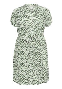 Vestido de manga corta en blanco con estampado de hojas verdes y azules, con escote en V y cintura con cinturón para un ajuste ajustable. Tejido suave y ligero.