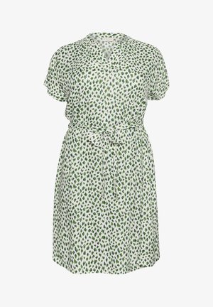 Kurzes, kurzärmliges Kleid in Weiß mit grünem und blauem Blattmuster, mit V-Ausschnitt und einem taillierten Gürtel für eine anpassbare Passform. Weicher, leichter Stoff.