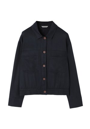 Navy blue cropped jacket made of smooth fabric, featuring a button-up front, two chest pockets, and elasticized hem and cuffs.
