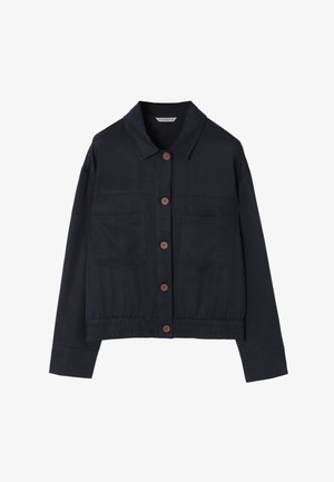 Navyblaue cropped Jacke aus glattem Stoff, mit durchgehender Knopfleiste, zwei Brusttaschen sowie einem elastischen Saum und Bündchen.
