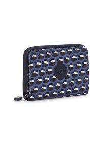 Zippered wallet featuring a geometric pattern in navy, blue, and white. Made of durable fabric with a logo patch on the front.