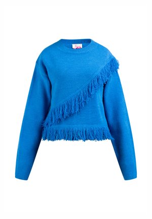 Svetlo modra pletena majica z diagonalnim detajlom fringa spredaj in okroglim izrezom. Dolgi rokavi s prilegajočimi se manšetami.