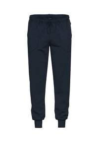 Marineblaue Jogginghosen mit elastischem Bund, Kordelzug, Seitentaschen und Bundabschlüssen, auf weißem Hintergrund präsentiert.