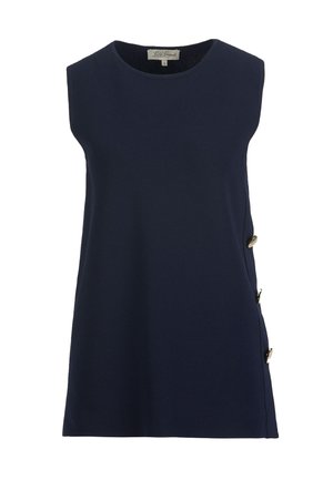Ärmelloses marineblaues Oberteil mit rundem Ausschnitt und drei dekorativen goldenen Knöpfen an einer Seitennaht.