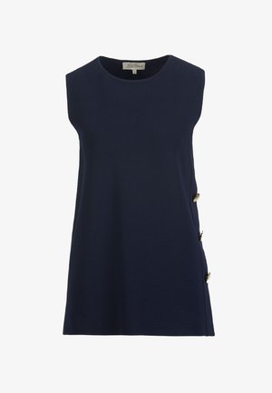 Ärmelloses marineblaues Oberteil mit rundem Ausschnitt und drei dekorativen goldenen Knöpfen an einer Seitennaht.