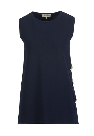 Haut sans manches bleu marine avec un col rond et trois boutons décoratifs dorés le long d'une couture latérale.