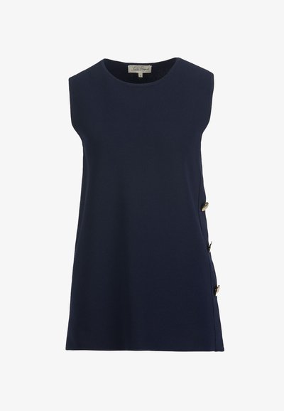 Haut sans manches bleu marine avec un col rond et trois boutons décoratifs dorés le long d'une couture latérale.