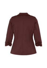 Veste marron sur mesure avec manches trois-quarts froncées et petit col, vue de dos sur fond blanc.