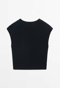 Tummansininen neulottu paita, lyhyet lyhyet hihat, resoitettu pinta, istuva malli, pyöreä pääntie ja suora helma.