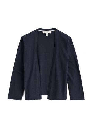 Tamno mornarsko plavi kardigan s dugim rukavima i otvorenim prednjim dijelom, izrađen od mekog tkanina, s rebrastim rubom i malom bijelom oznakom marke na vratu.