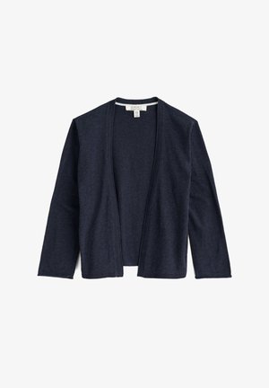 Tamno mornarsko plavi kardigan s dugim rukavima i otvorenim prednjim dijelom, izrađen od mekog tkanina, s rebrastim rubom i malom bijelom oznakom marke na vratu.