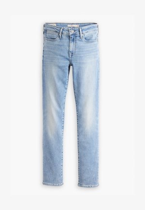 Jeans de ganga azul claro com corte reto, design de cinco bolsos e desbotamento subtil; apresenta um botão superior e fecho de zip.
