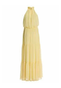 Robe maxi jaune pâle sans manches avec col licou, volants froncés et détail de boutons au col, confectionnée en tissu léger et transparent.