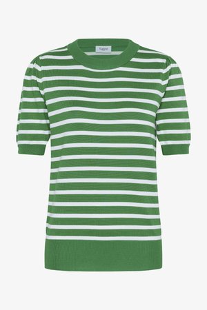 Haut tricot à manches courtes rayé vert et blanc avec un col rond et un ourlet côtelé. Texture douce ; espacements réguliers des rayures. Étiquette de la marque visible.