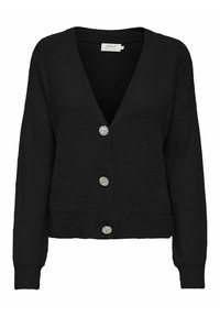 Gilet en tricot noir avec un col en V et des manches longues. Il est doté de boutons décoratifs en argent et d'un tissu texturé pour plus de détail.