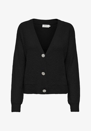 Must mustrice cardigan, mille kaelusega ja pikkade varrukatega. Kaunistavad hõbedased nööbid ja tekstureeritud kangas lisavad detaili.