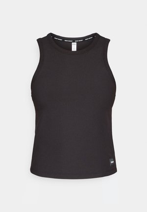 Top de bumbac negru cu dungi, cu un decolteu rotund, design fără mâneci și etichetă de marcă la margine. Textură netedă și formă ajustată.