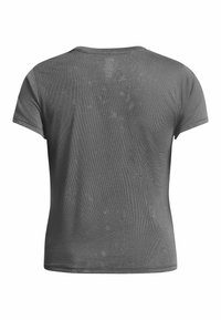 Šedé krátké sportovní tričko z prodyšného materiálu s jemným texturovaným vzorem, zobrazené z zadní strany na bílém pozadí.