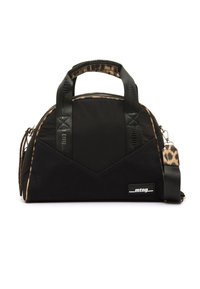 Schwarze Nylon-Handtasche mit leopardgeprägten Akzenten, runder Form, zwei kurzen Griffen und einem abnehmbaren Tragegurt. Verfügt über einen Reißverschluss und ein Logo-Detail.