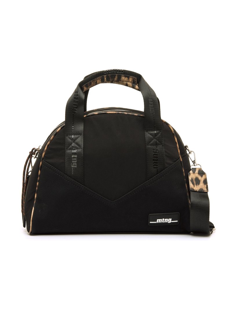 Schwarze Nylon-Handtasche mit leopardgeprägten Akzenten, runder Form, zwei kurzen Griffen und einem abnehmbaren Tragegurt. Verfügt über einen Reißverschluss und ein Logo-Detail.