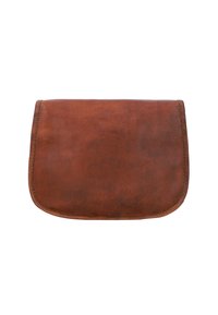Brun läderväska med en slät textur, rundade kanter och en subtil sömdetalj längs omkretsen. Rektangulär form, minimalistisk design.